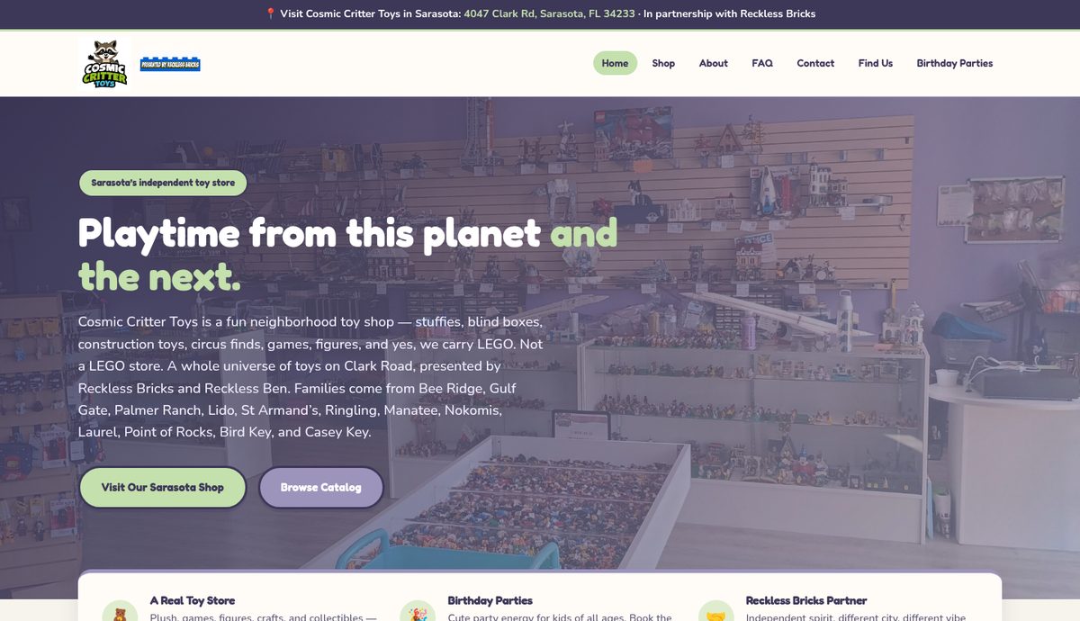 Homepage preview of Cosmic Critter Toys: Playtime from this planet and the next, Sarasota toy shop.