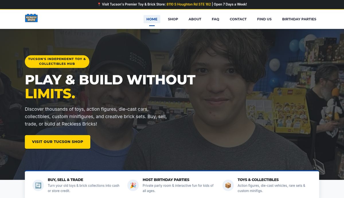 Homepage preview of Reckless Bricks and Toys: Play and build without limits, Tucson toy and brick store.